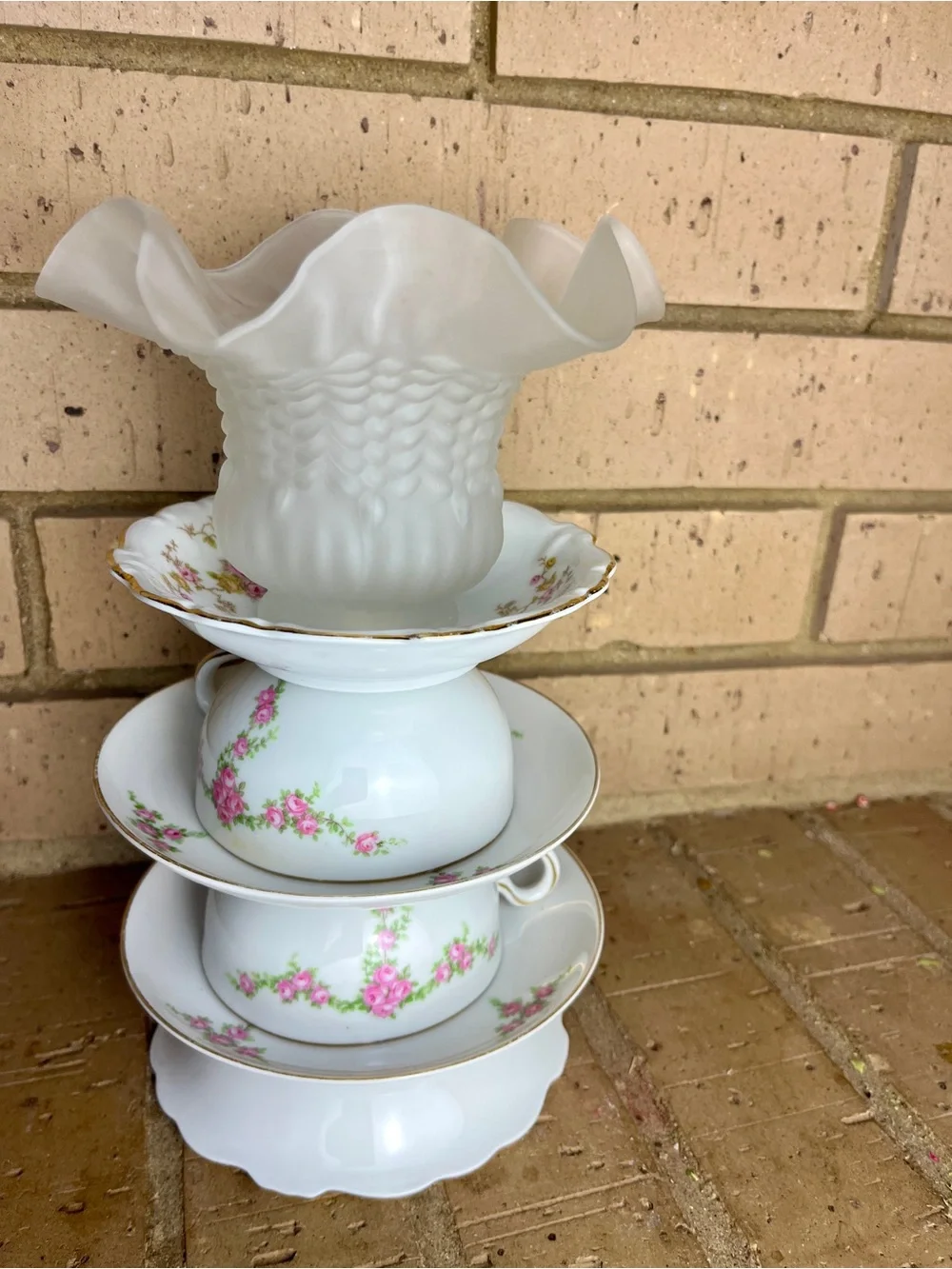 White and Pink Floral Teacup Candle Holder Stack